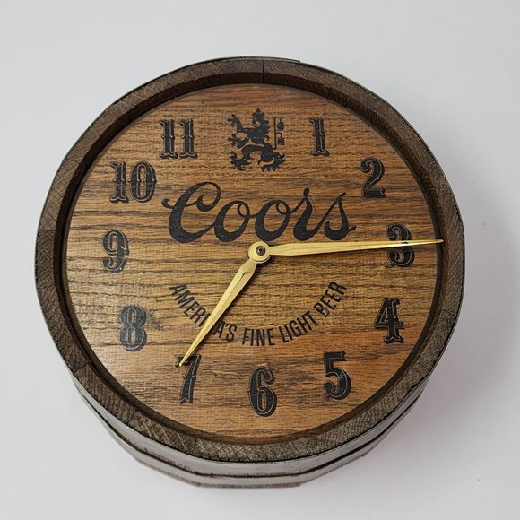Coors Accents Coors Beer Wall Clock Wooden Barrel With Brass Ties